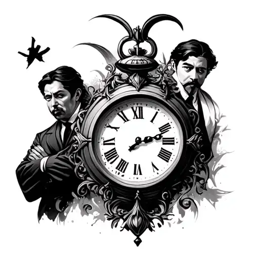 clock and men shushing in the background  tattoo design idea