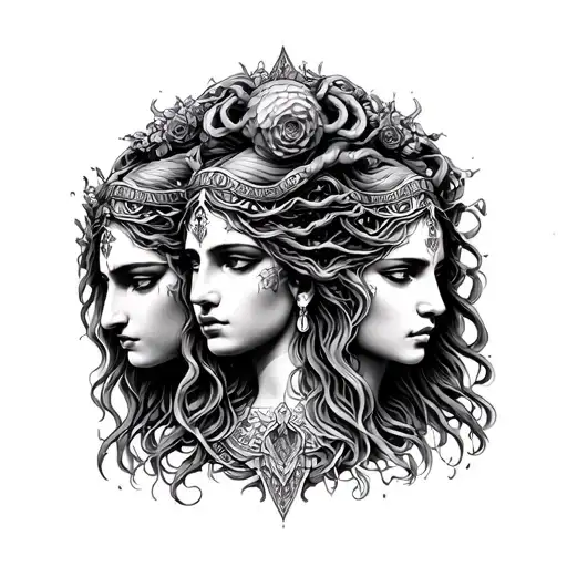 triple goddess with Clytemnestra, Medea, and Medusa faces tattoo design idea