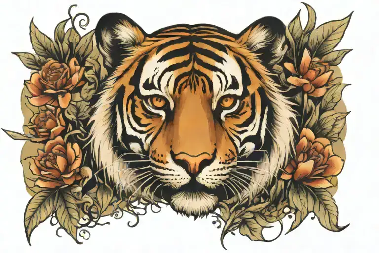 Tiger face behind a nature scene tattoo design idea