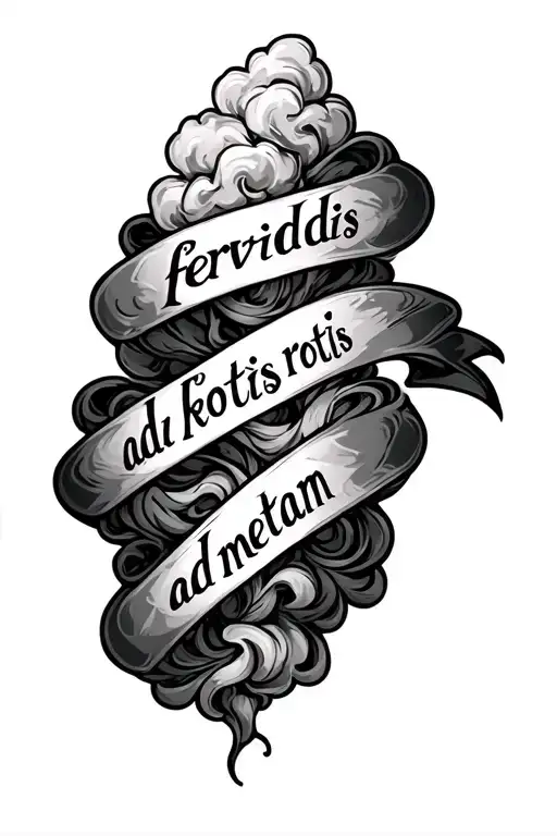 Three ribbons along the whole arm bearing the word "fervidis rotis ad metam. Among puffs of steam. tattoo design idea