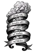 Three ribbons along the whole arm bearing the word "fervidis rotis ad metam. Among puffs of steam. tattoo design idea