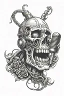 An evil face morphing into a microphone, with music notes and dark imagery intertwining throughout the design, representing the music producer's passion for darkness and music tattoo design idea