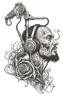 An evil face morphing into a microphone, with music notes and dark imagery intertwining throughout the design, representing the music producer's passion for darkness and music tattoo design idea