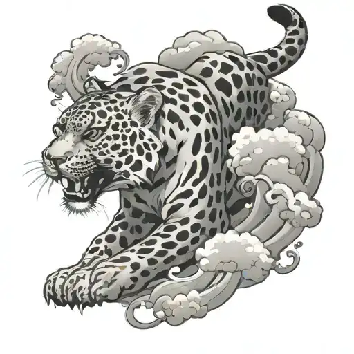 japanese style snow leapord and clouds tattoo design idea
