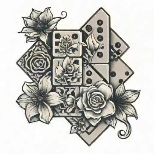 2 dominos, 3 puzzle pieces, and flowers blooming tattoo design idea