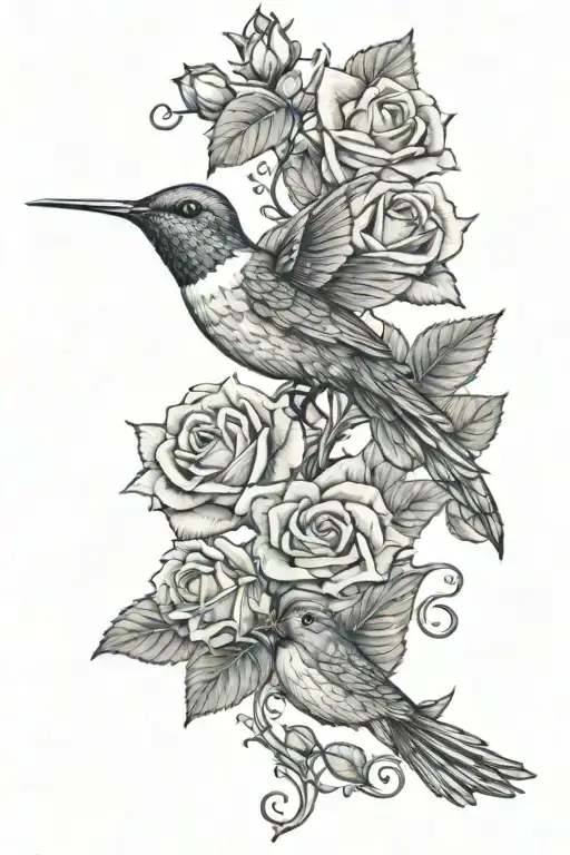 ROSES WITH IVY SMALL HUMMINGBIRD  tattoo design idea