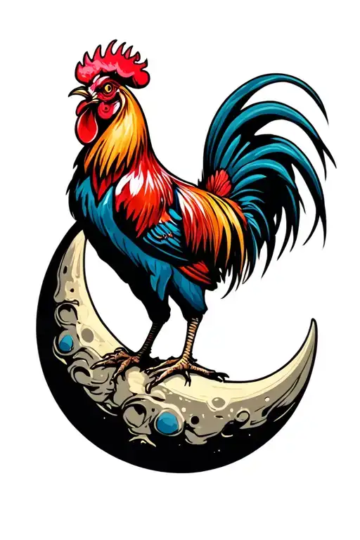 cool rooster on the moon tattoo design idea