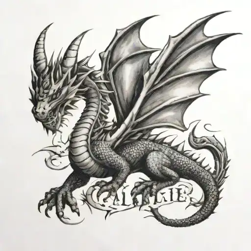 Callie name written date 17/12/24 dragon flying don't give up tattoo design idea