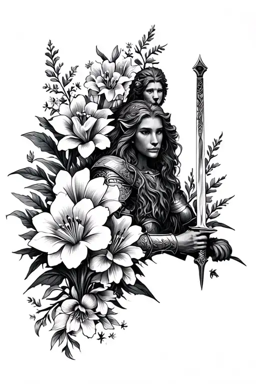 Blackwork tattoo on the back with mainly flowers like crocus, hyssop, lilies, lion and female knight holding a sword tattoo design idea