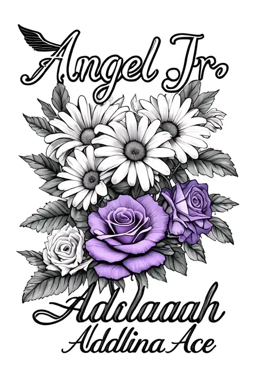 "Angel Jr Aaliyah Adalina Ace" daisy flower, lily flower, violet flower, rose flower tattoo design idea