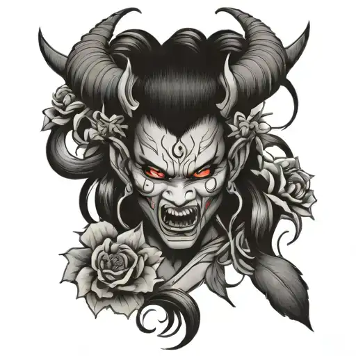 Japanese oni demon girl with flowers blooming flowers tattoo design idea