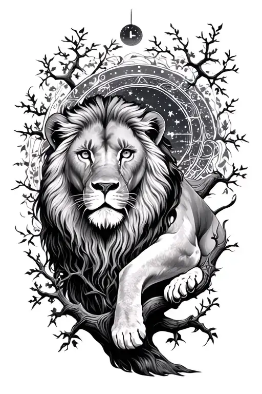 celestial with a lion and a tree branches tattoo design idea