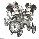 A chicano style tattoo of Mickey and Minnie Mouse holding a clock, symbolizing the timeless love for family tattoo design idea