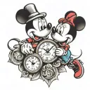 A chicano style tattoo of Mickey and Minnie Mouse holding a clock, symbolizing the timeless love for family tattoo design idea