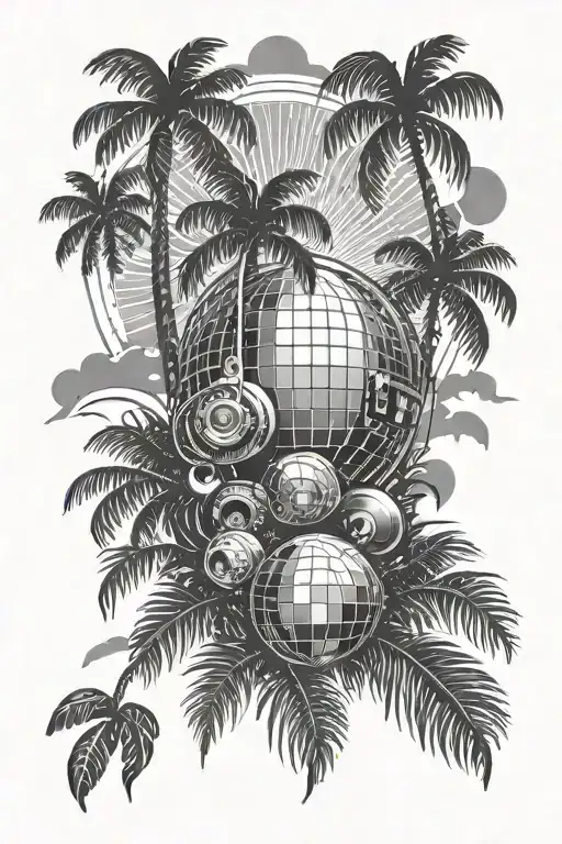 Disco ballHeadphonesSpeakersReversed out star rays, palm trees and island scene tattoo design idea