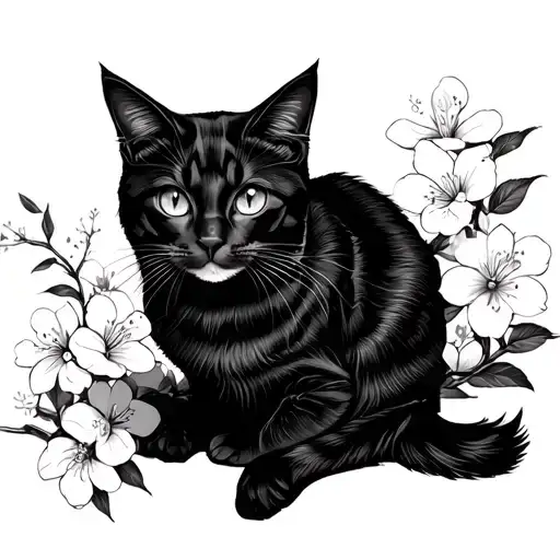 black ink fine line tattoo, with one cat lying, nature, differents flowers, cherry blossoms tattoo design idea