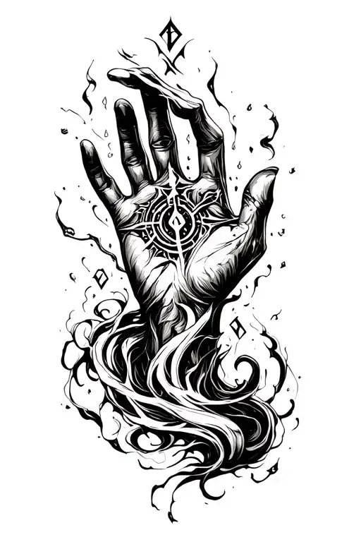 fantasy vibe, ink swirl crawling up my hand with magic runes from Dungeon and Dragons tattoo design idea