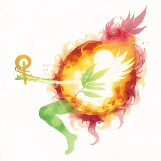 music notes, cannabis leaf, male angel with devil horns smoking a joint, cloud of smoke tattoo design idea