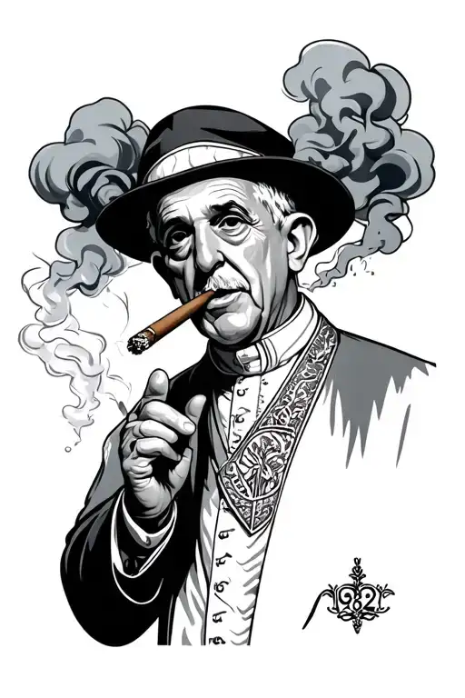 Italian Gangster concept with a Pope smoking a cigar, the smoke saying something about 1982 and Omerta behind Vatican tattoo design idea