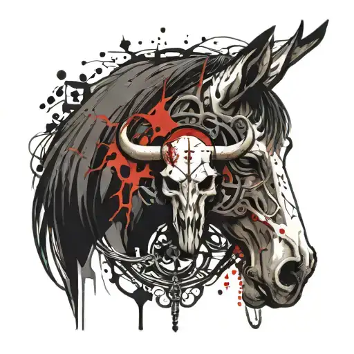 bull skull and cowgirl playing cards inside a horse shoe tattoo design idea