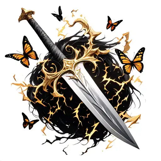 golden anime sword with lightning and butterflies Alice Synthesis Thirty tattoo design idea