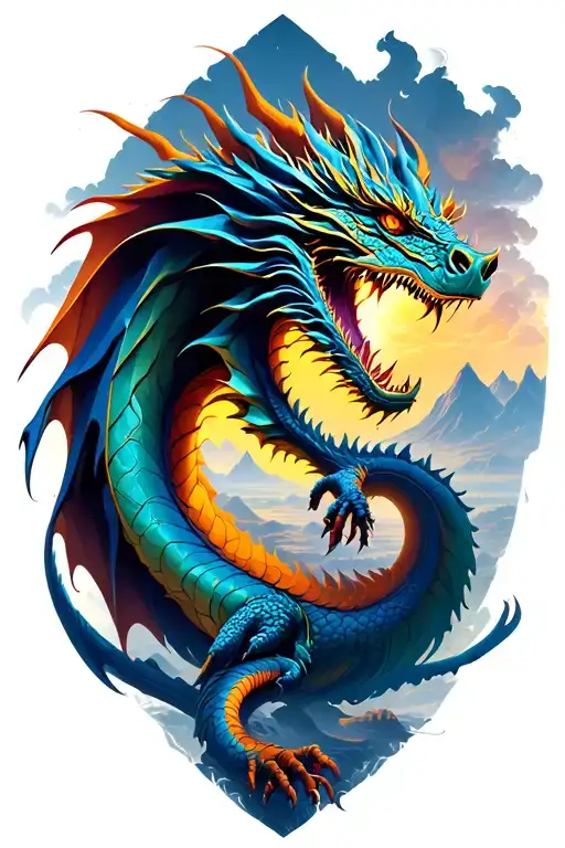 double exposure dragon outline with landscape hell to heavens tattoo design idea