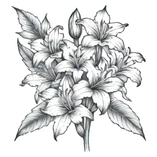 Gladiolus, waterlily, larkspur, poppy flowers tattoo design idea