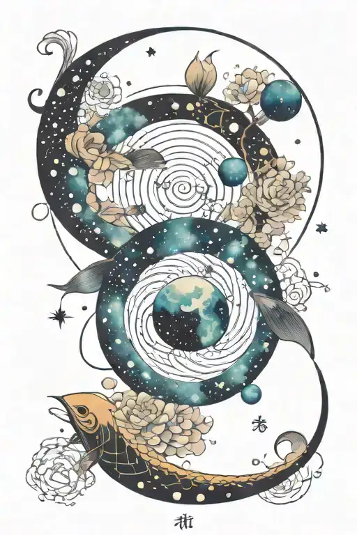 For your tattoo concept, combining a galaxy, Fibonacci spiral, and the Pisces constellation, here's an idea:1. Galaxy  tattoo design idea