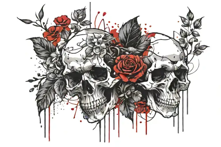 3 skulls and flowers of darkness tattoo design idea