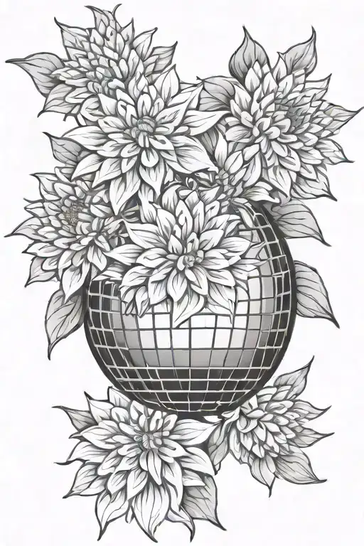 disco ball nested in dahlia flowers tattoo design idea