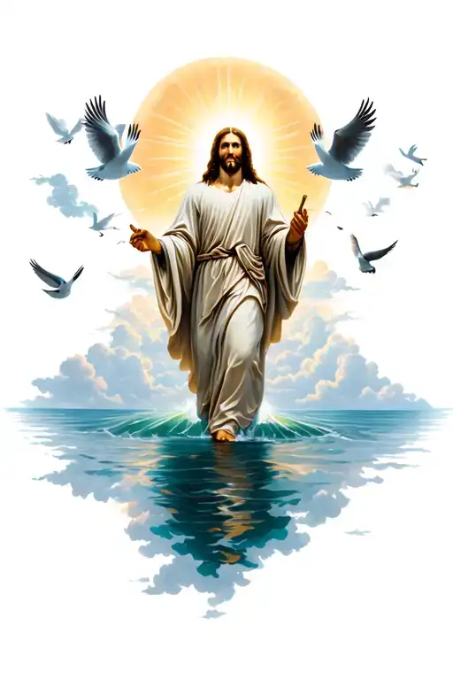 Jesus walking on water with rays of light through clouds and doves in the sky  tattoo design idea