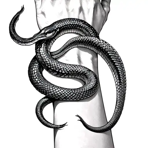 Top-down view of a continuous ouroboros snake forming a seamless bracelet around a human wrist, realistic reptile scales tattoo design idea