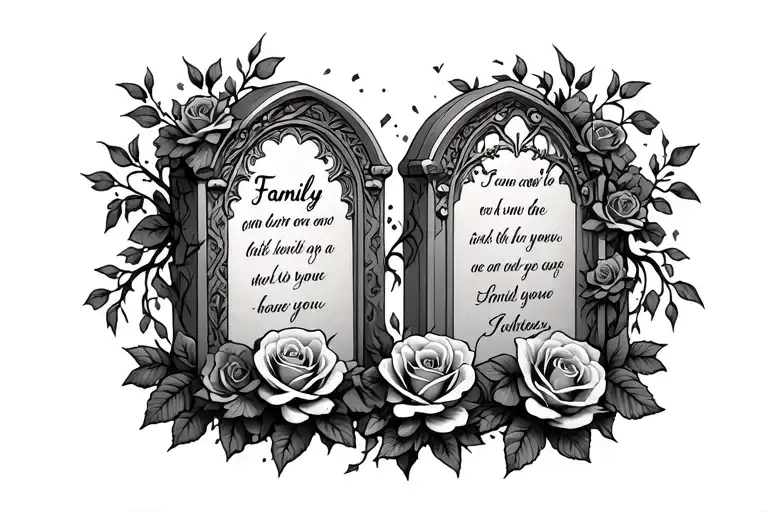 roses and vines covered wrapped around two rectangle tombstones with quotes about family  in them for a chest tattoo   tattoo design idea