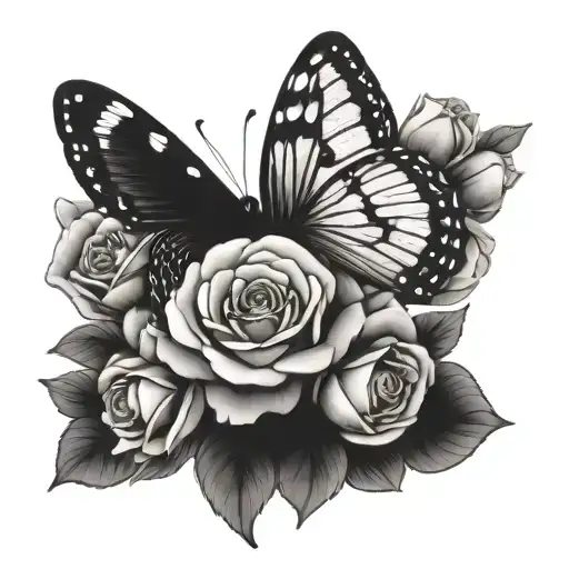 butterfly with half of delicate roses tattoo design idea