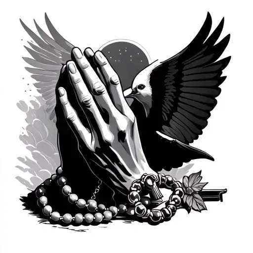 Praying Hands with a Rosary, Dove, Heaven tattoo design idea