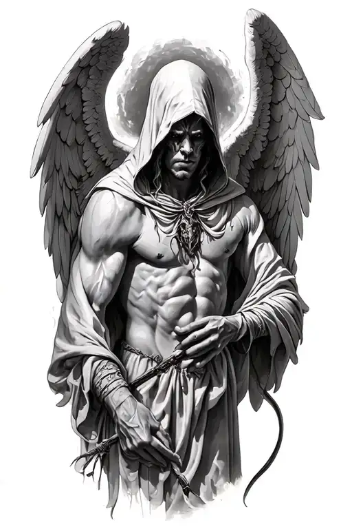 Hooded Angel defiting a devil tattoo design idea