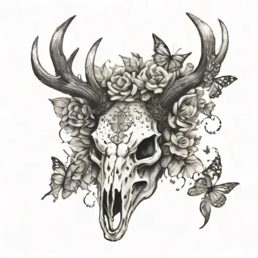 stag skull with small butterflies tattoo design idea
