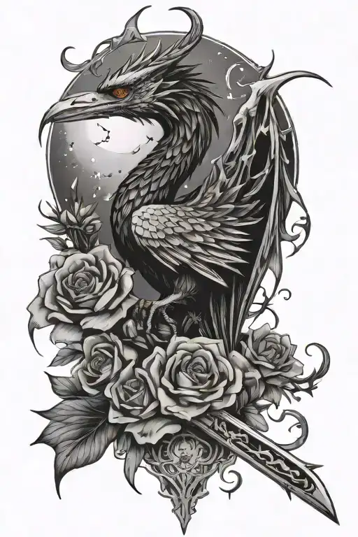 dragon sword moon swan stars flowers heart crow tattoo design idea