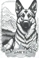 German shepherd saying "diabetes" American flag mountain scene tattoo design idea