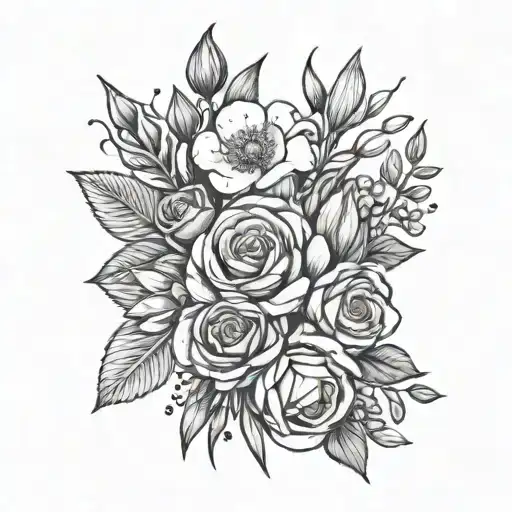 honeysuckle, rose, snowdrop, rose, carnation, gladiolus in a minimalist bouquet tied with a ball of yarn tattoo design idea