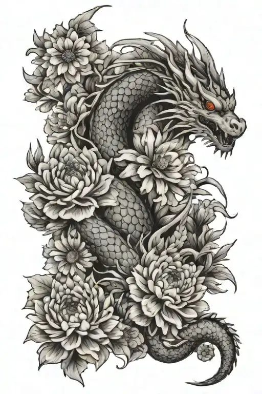 Feminine arm sleeve tattoo featuring japanese dragaon and japanese chrysanthemum flowers tattoo design idea
