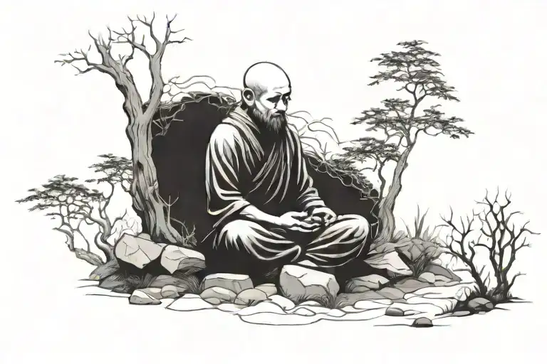 monk meditating in the woods  tattoo design idea