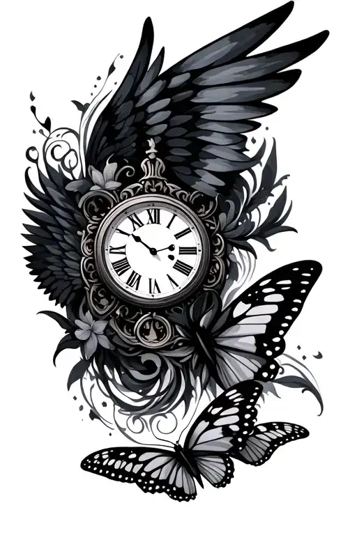 clock roman numerals wings and butterfly tattoo design idea