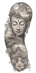 spiritual buddhist inspired tattoo featuring a traditional scenary and nature including spiritual elements and budda tattoo design idea
