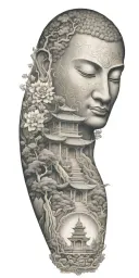 spiritual buddhist inspired tattoo featuring a traditional scenary and nature including spiritual elements and budda tattoo design idea