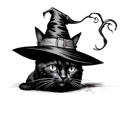 simple black cat wearing a witch hat tattoo design idea