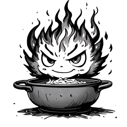 a vibrant tattoo of Calcifer, the fiery little demon from Howl’s Moving Castle, snugly sizzling in his skillet tattoo design idea