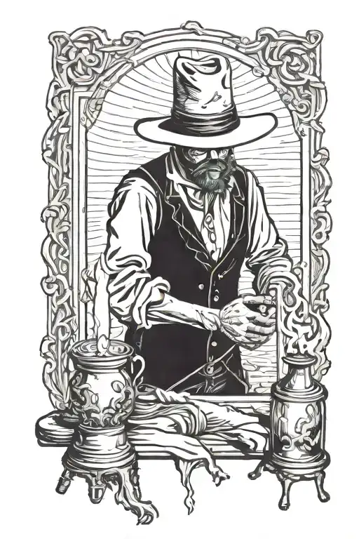 fictional, Old West Outlaw character, Candle Man, wearing clothing like outlaws from the 1800s. tattoo design idea