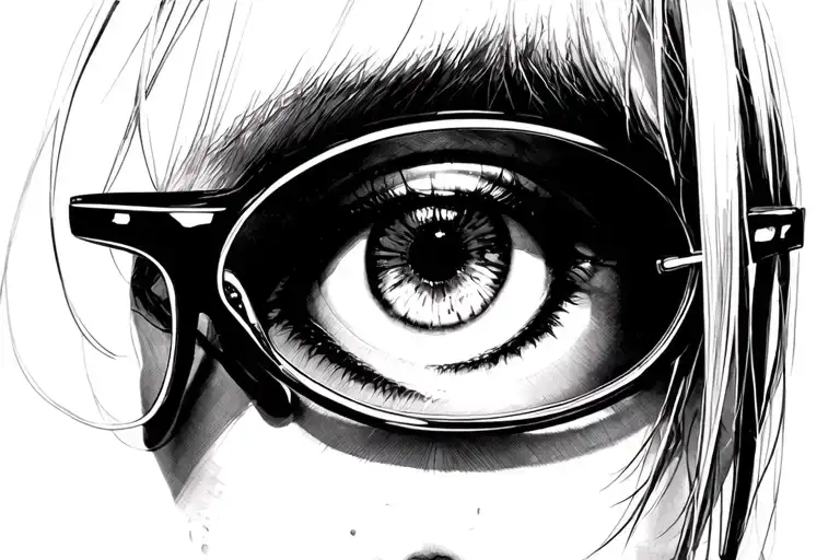 big eyes with eyeliner makeup and eyeglasses, a microfringe and a pierced nose  tattoo design idea