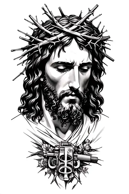 Jesus with crown of thorns and machine gun tattoo design idea